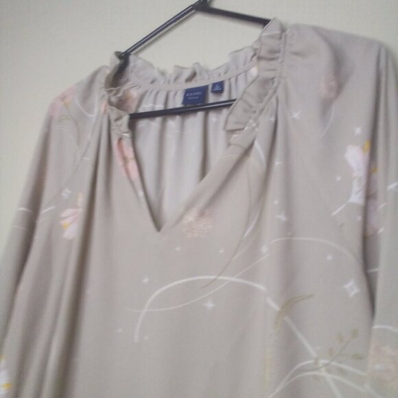 Kaari Blue Shirt Blouse L Long Sleeve Ruffle V-Neck Floral Tan Pink - Picture 9 of 16